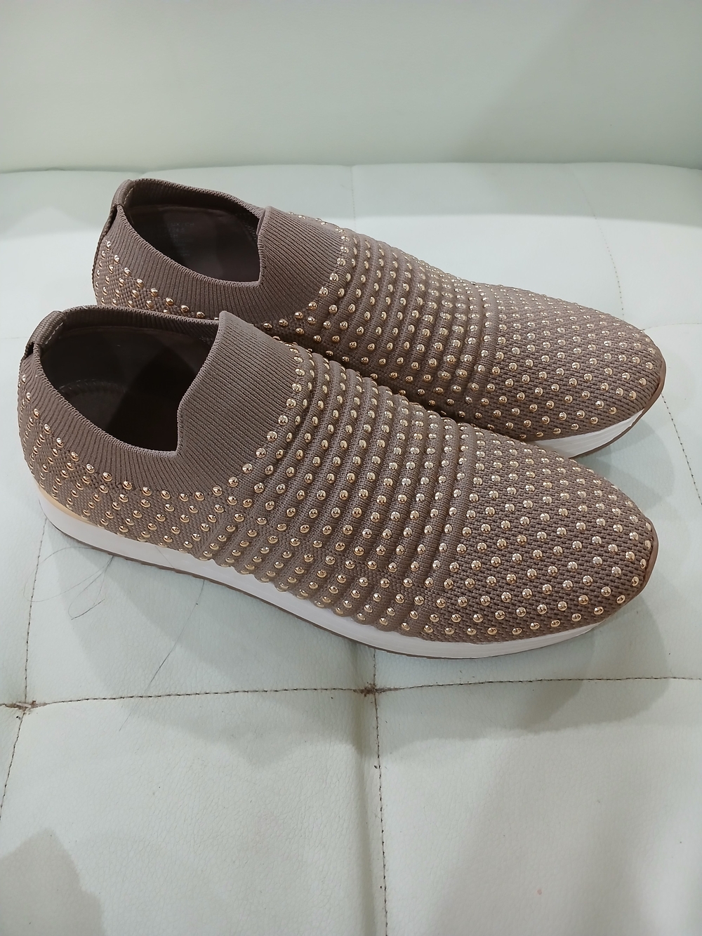 Kenneth Cole Reaction Taupe Slip-On Knit Sneakers with Gold Studs